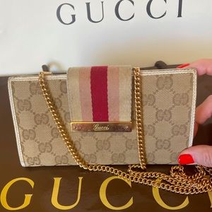 GUCCI GG Logo Canvas & Leather Web Wallet on Chain